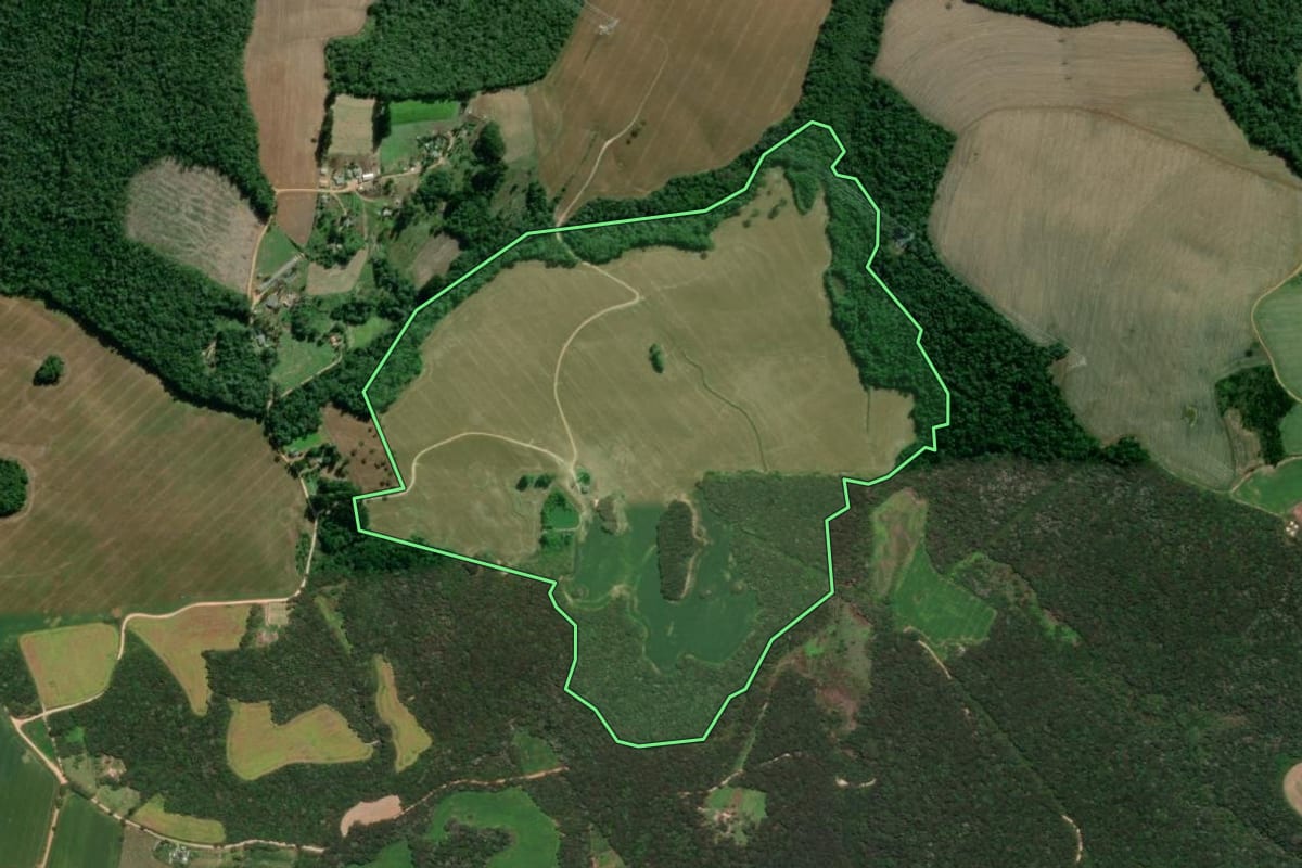 Imagem de satélite do imóvel rural em Ponta Grossa (PR), com o contorno declarado no CAR desenhado por cima.