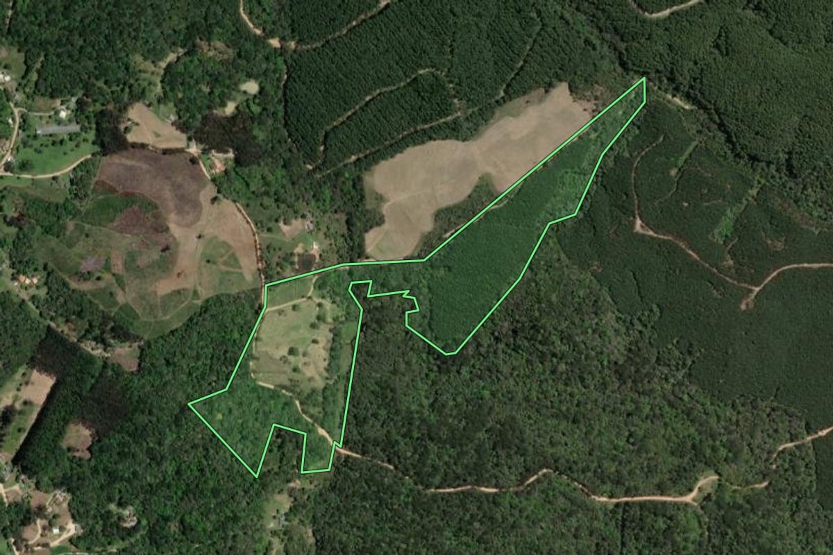 Imagem de satélite do imóvel rural em Ponta Grossa (PR), com o contorno declarado no CAR desenhado por cima.