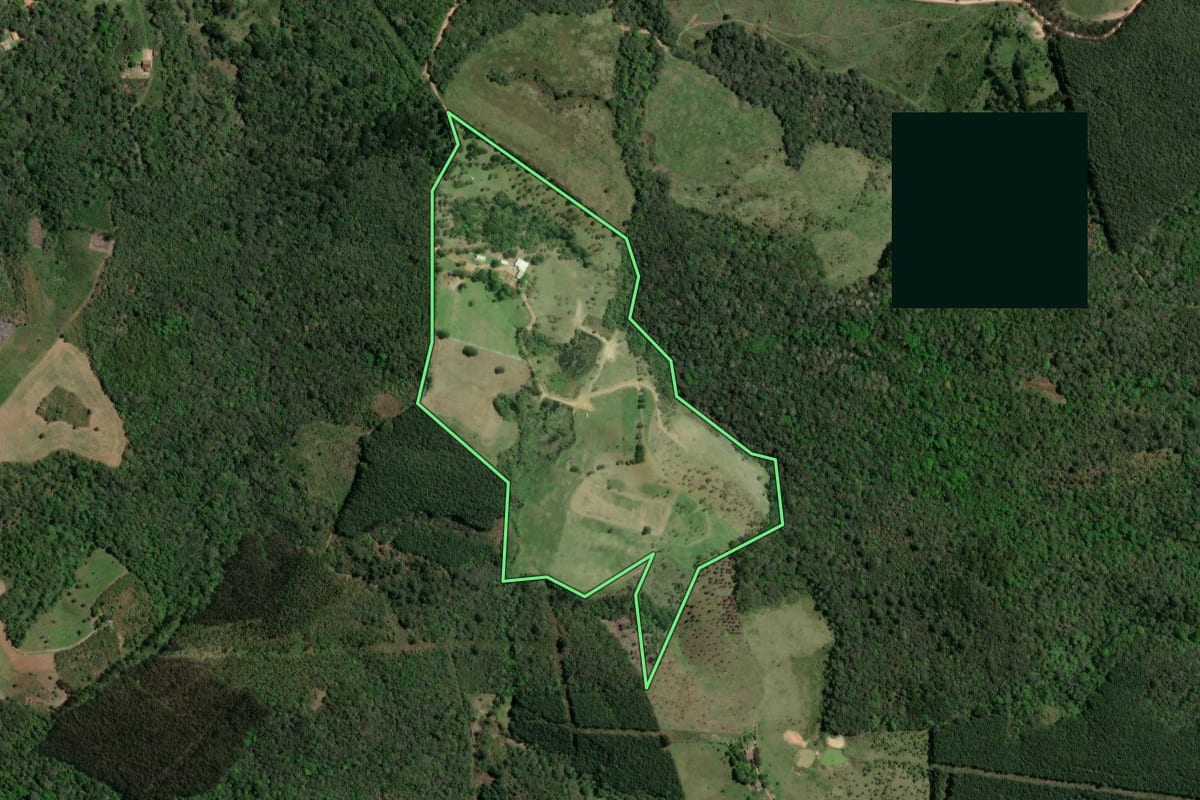 Imagem de satélite do imóvel rural em Ponta Grossa (PR), com o contorno declarado no CAR desenhado por cima.