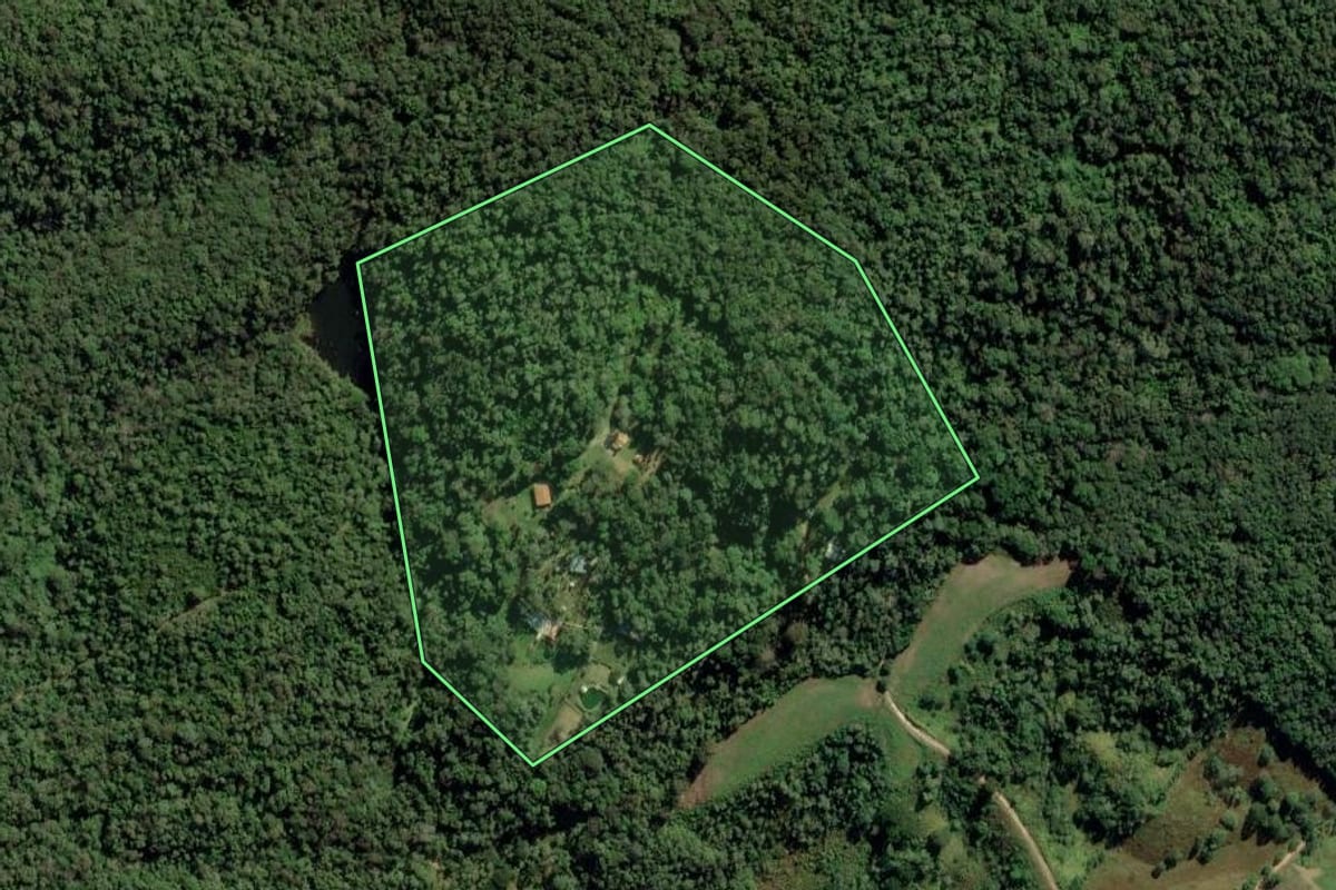 Imagem de satélite do imóvel rural em Ponta Grossa (PR), com o contorno declarado no CAR desenhado por cima.