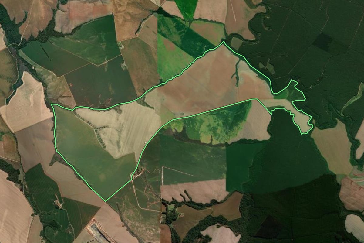 Imagem de satélite do imóvel rural em Ponta Grossa (PR), com o contorno declarado no CAR desenhado por cima.