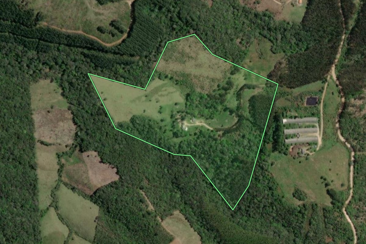 Imagem de satélite do imóvel rural em Ponta Grossa (PR), com o contorno declarado no CAR desenhado por cima.
