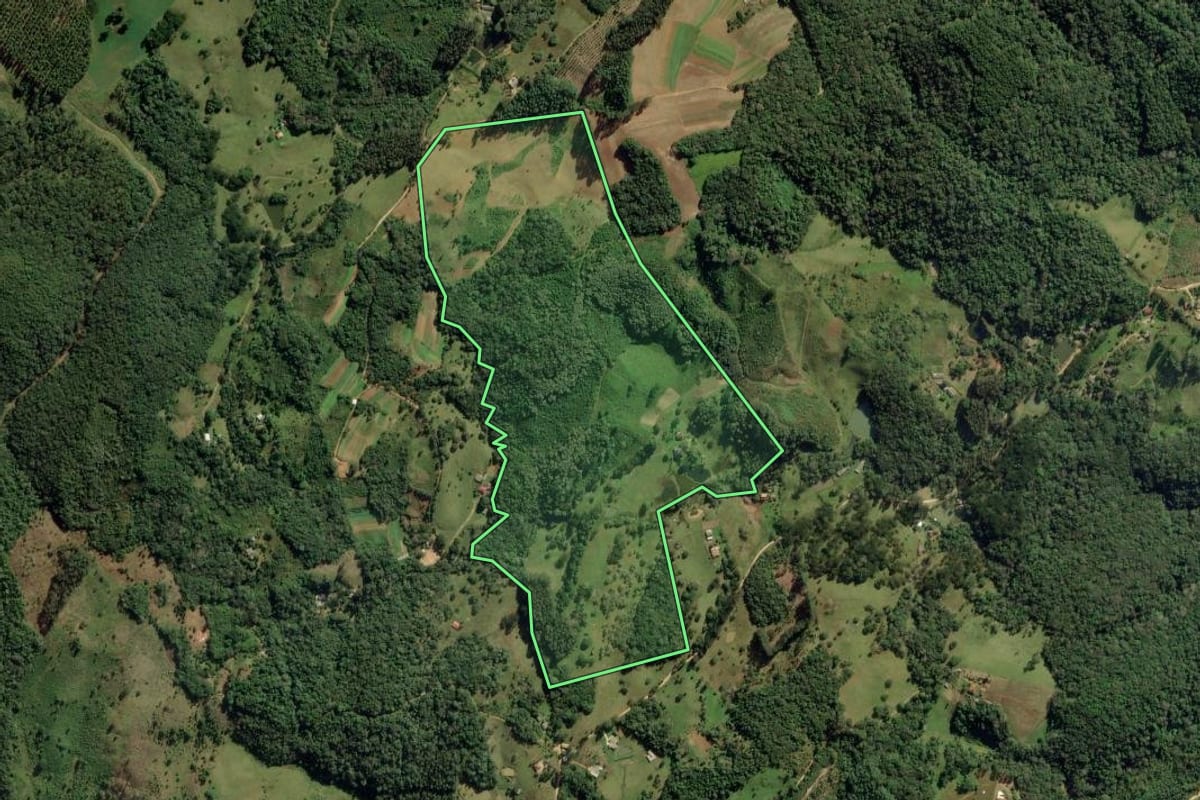 Imagem de satélite do imóvel rural em Ponta Grossa (PR), com o contorno declarado no CAR desenhado por cima.