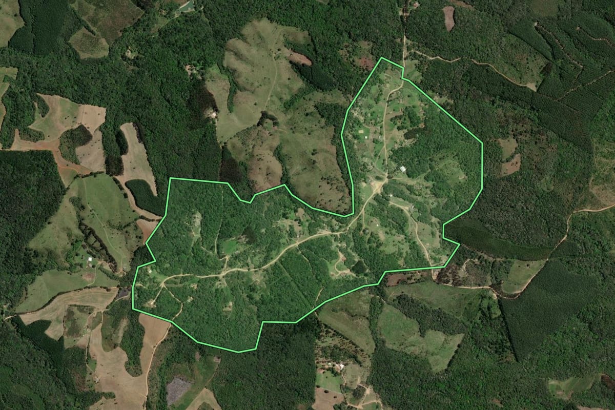 Imagem de satélite do imóvel rural em Ponta Grossa (PR), com o contorno declarado no CAR desenhado por cima.