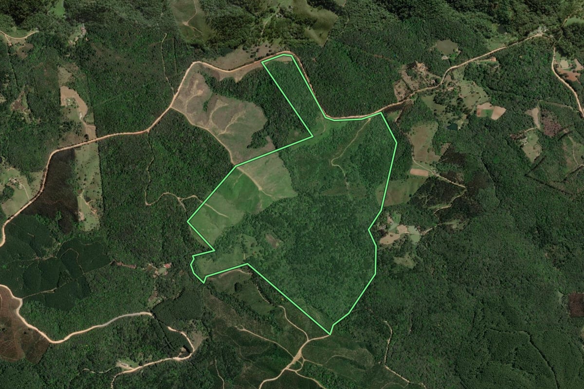 Imagem de satélite do imóvel rural em Ponta Grossa (PR), com o contorno declarado no CAR desenhado por cima.