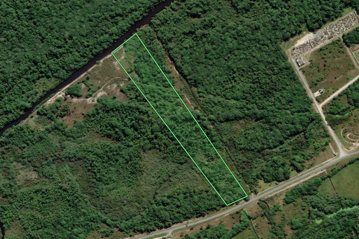 Imagem de satélite do imóvel rural em Pontal do Paraná (PR), com o contorno declarado no CAR desenhado por cima.
