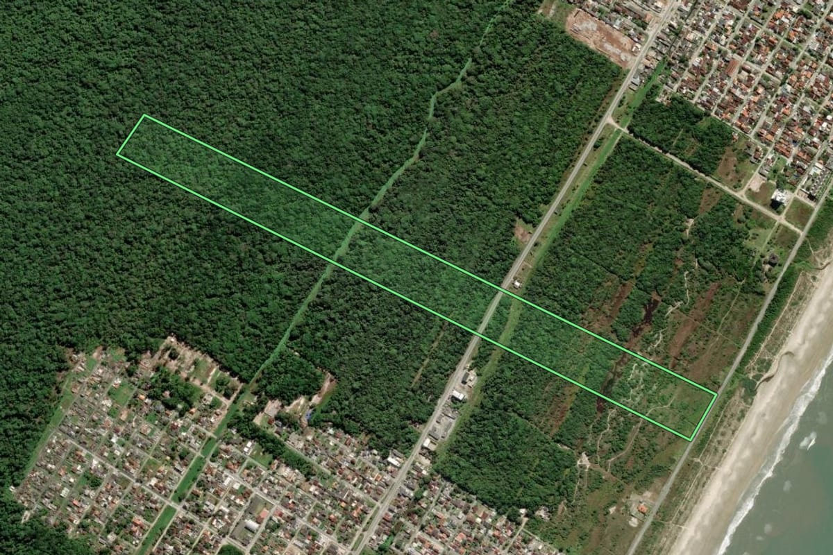 Imagem de satélite do imóvel rural em Pontal do Paraná (PR), com o contorno declarado no CAR desenhado por cima.