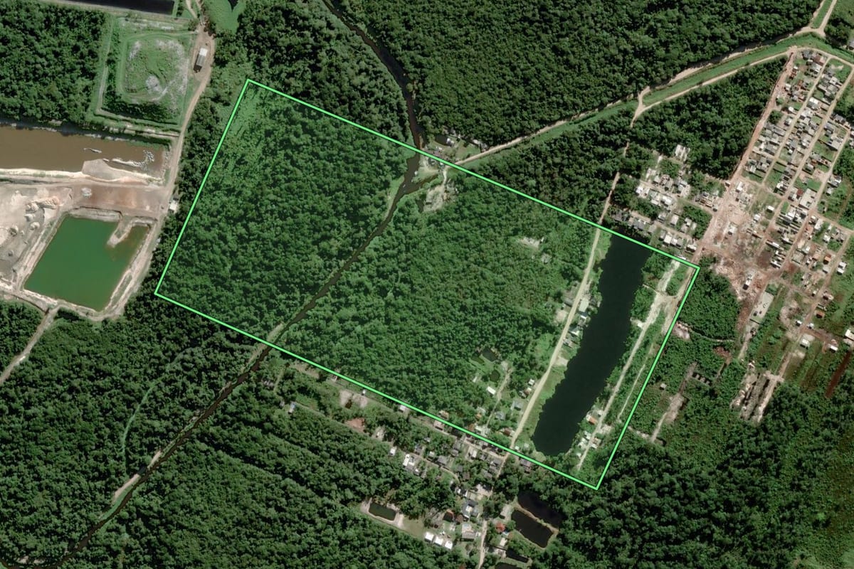 Imagem de satélite do imóvel rural em Pontal do Paraná (PR), com o contorno declarado no CAR desenhado por cima.