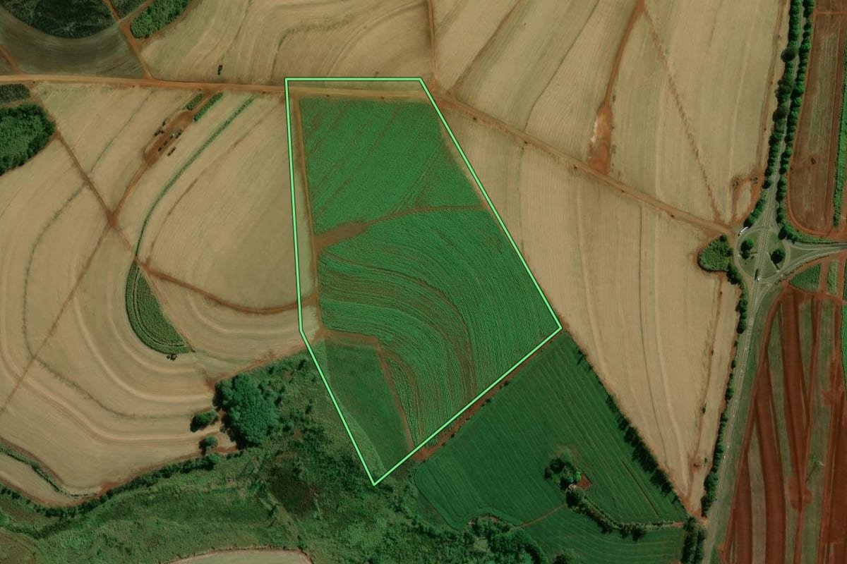 Imagem de satélite do imóvel rural em Porecatu (PR), com o contorno declarado no CAR desenhado por cima.