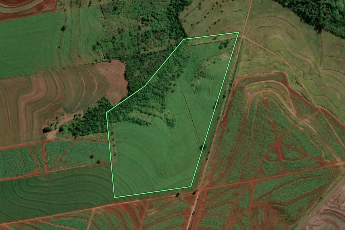 Imagem de satélite do imóvel rural em Porecatu (PR), com o contorno declarado no CAR desenhado por cima.
