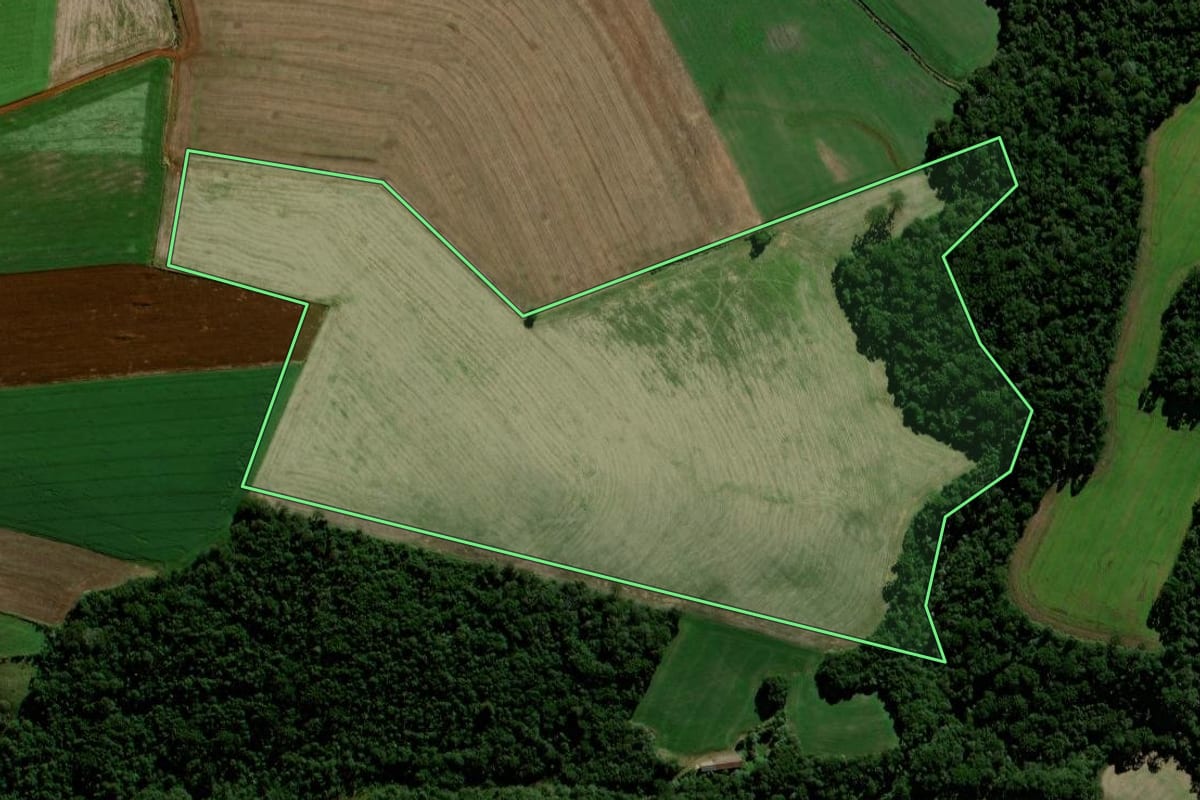Imagem de satélite do imóvel rural em Porto Barreiro (PR), com o contorno declarado no CAR desenhado por cima.