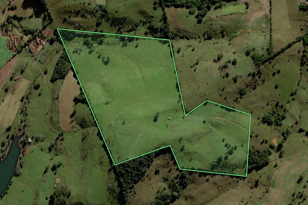 Imagem de satélite do imóvel rural em Porto Barreiro (PR), com o contorno declarado no CAR desenhado por cima.
