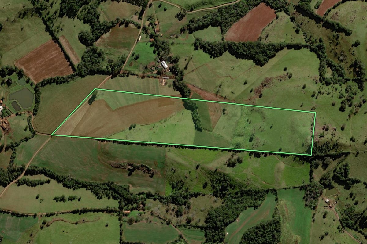 Imagem de satélite do imóvel rural em Porto Barreiro (PR), com o contorno declarado no CAR desenhado por cima.