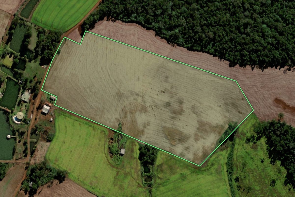 Imagem de satélite do imóvel rural em Porto Barreiro (PR), com o contorno declarado no CAR desenhado por cima.
