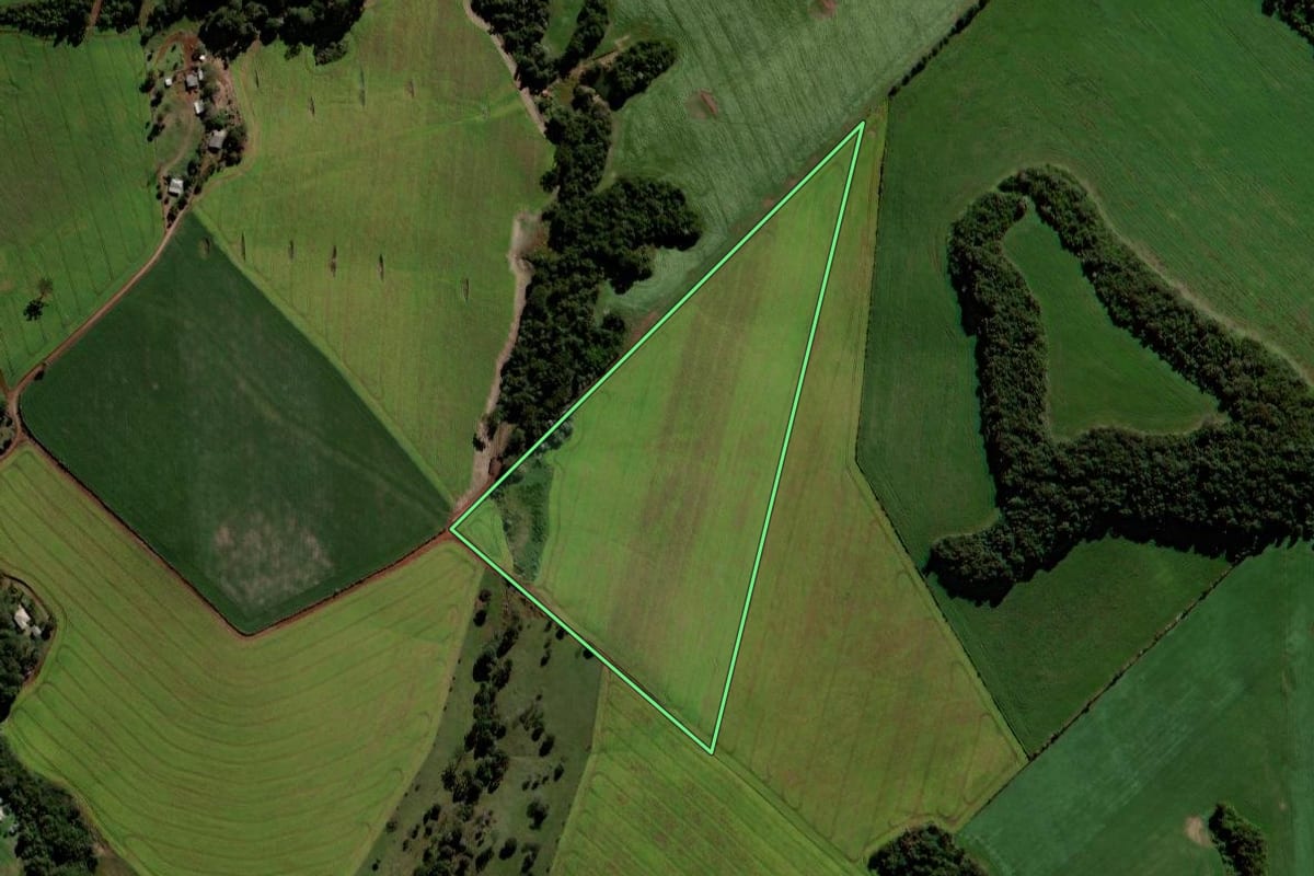 Imagem de satélite do imóvel rural em Porto Barreiro (PR), com o contorno declarado no CAR desenhado por cima.