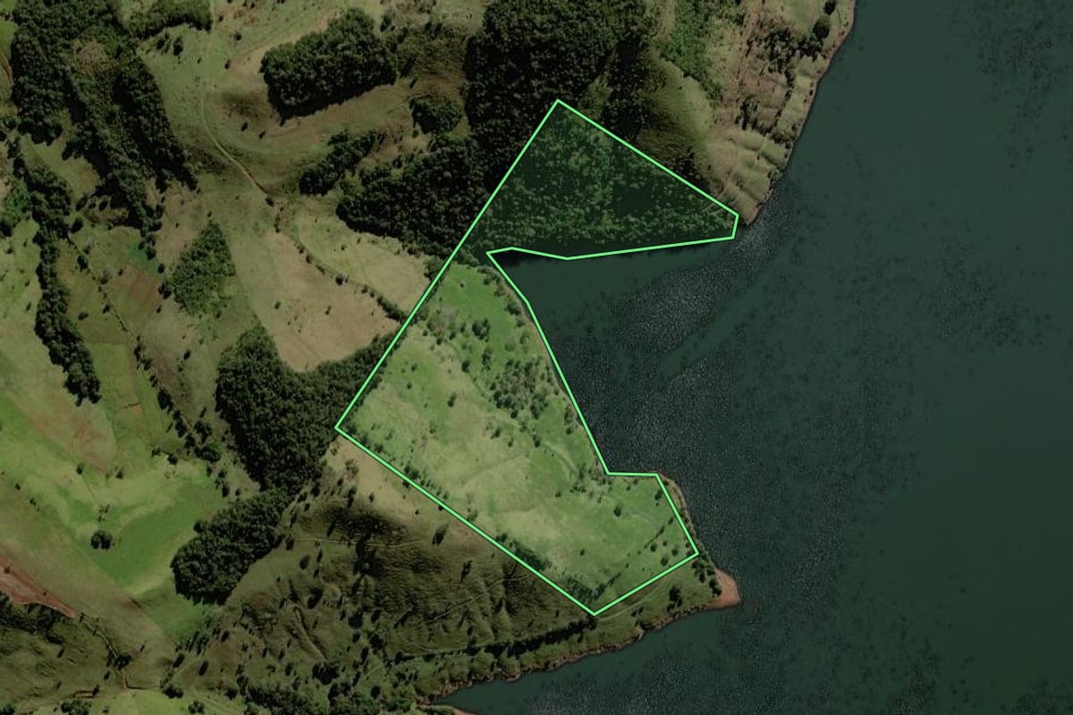 Imagem de satélite do imóvel rural em Porto Barreiro (PR), com o contorno declarado no CAR desenhado por cima.