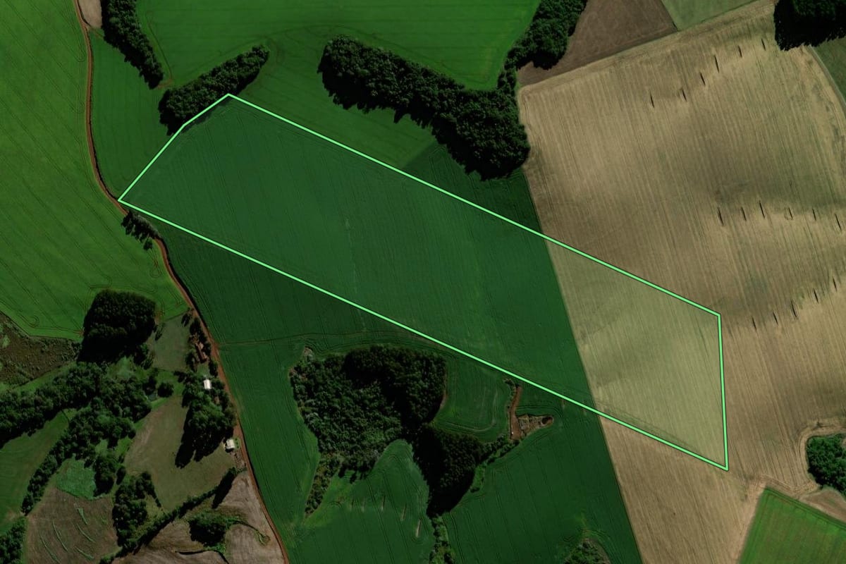 Imagem de satélite do imóvel rural em Porto Barreiro (PR), com o contorno declarado no CAR desenhado por cima.