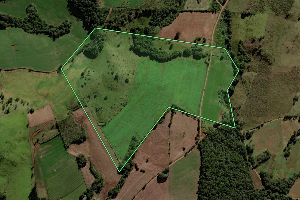 Imagem de satélite do imóvel rural em Porto Barreiro (PR), com o contorno declarado no CAR desenhado por cima.
