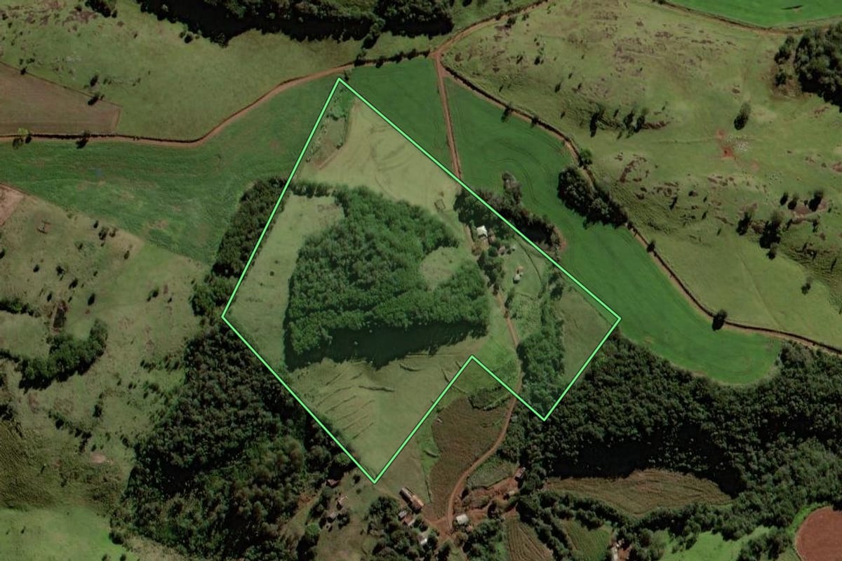 Imagem de satélite do imóvel rural em Porto Barreiro (PR), com o contorno declarado no CAR desenhado por cima.