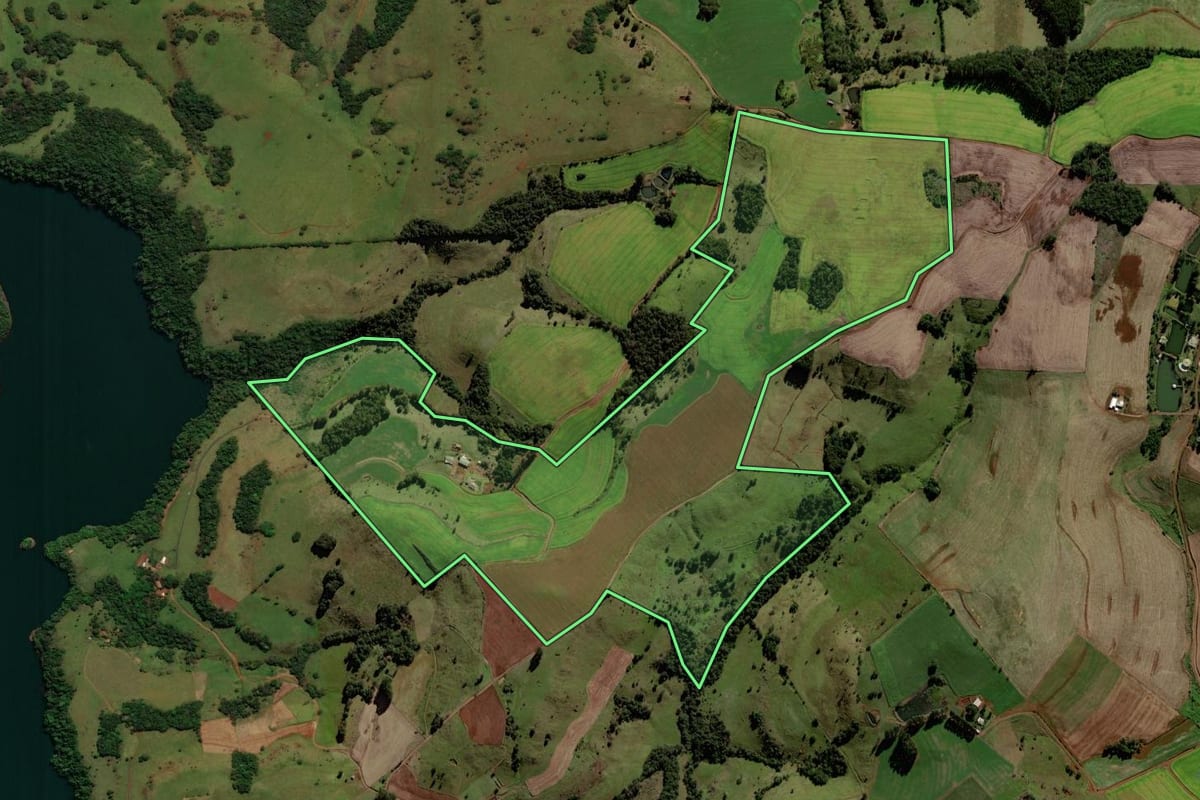 Imagem de satélite do imóvel rural em Porto Barreiro (PR), com o contorno declarado no CAR desenhado por cima.