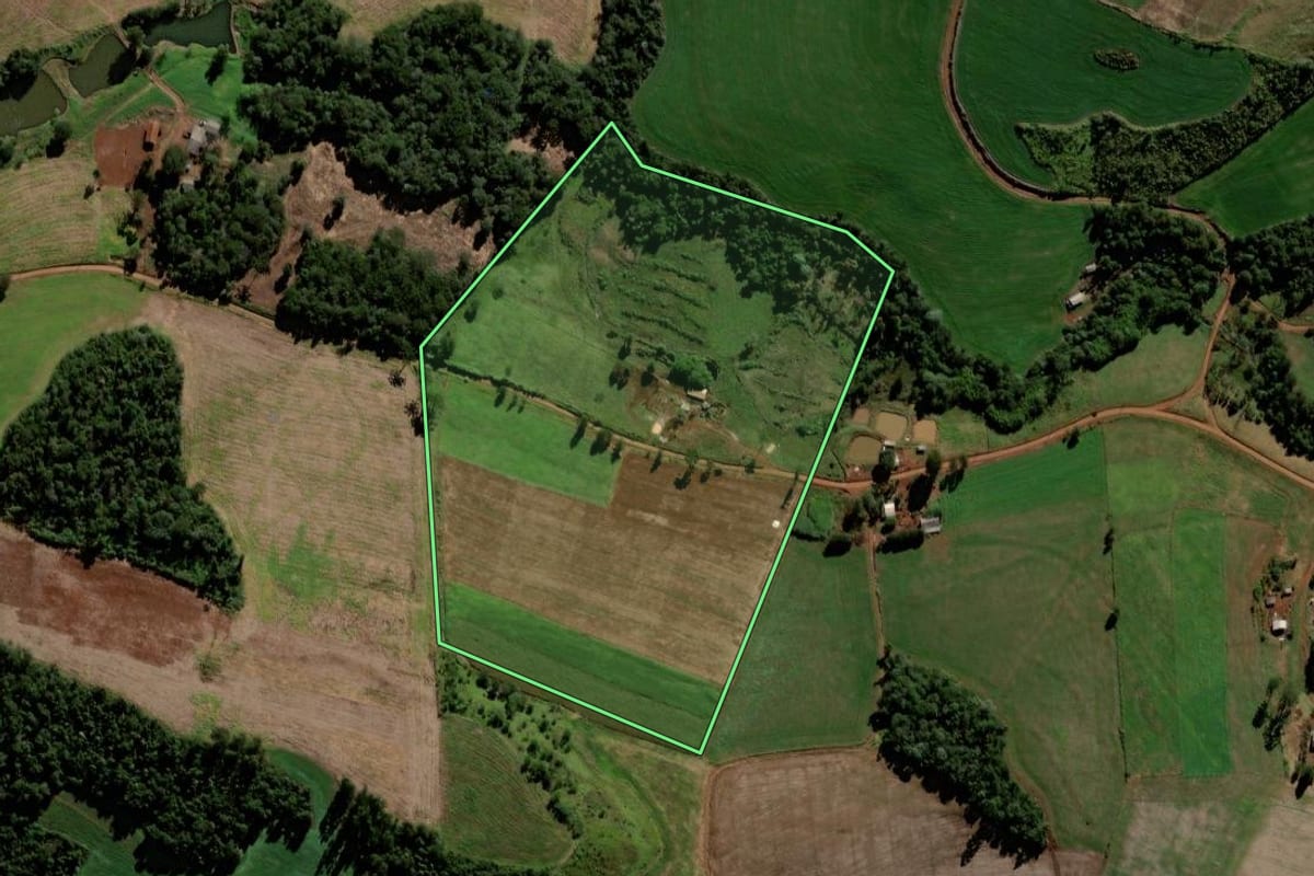 Imagem de satélite do imóvel rural em Porto Barreiro (PR), com o contorno declarado no CAR desenhado por cima.