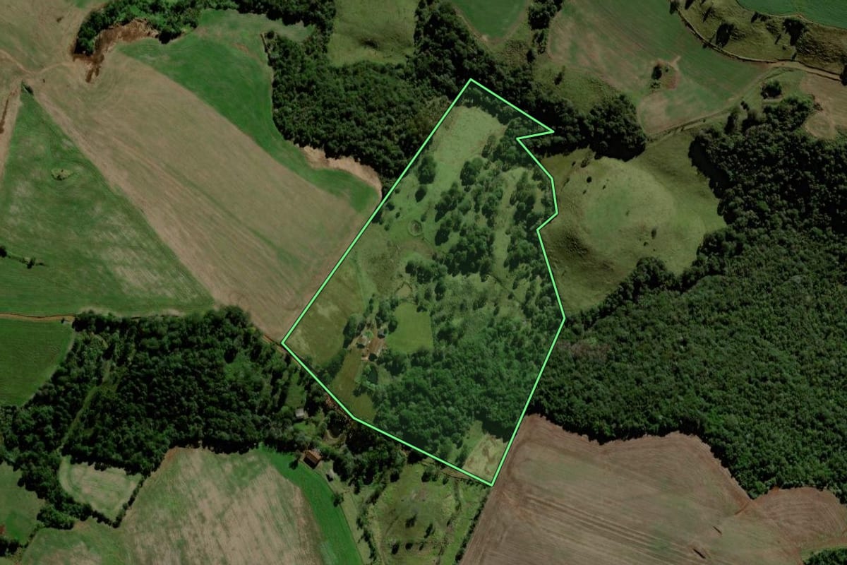 Imagem de satélite do imóvel rural em Porto Barreiro (PR), com o contorno declarado no CAR desenhado por cima.