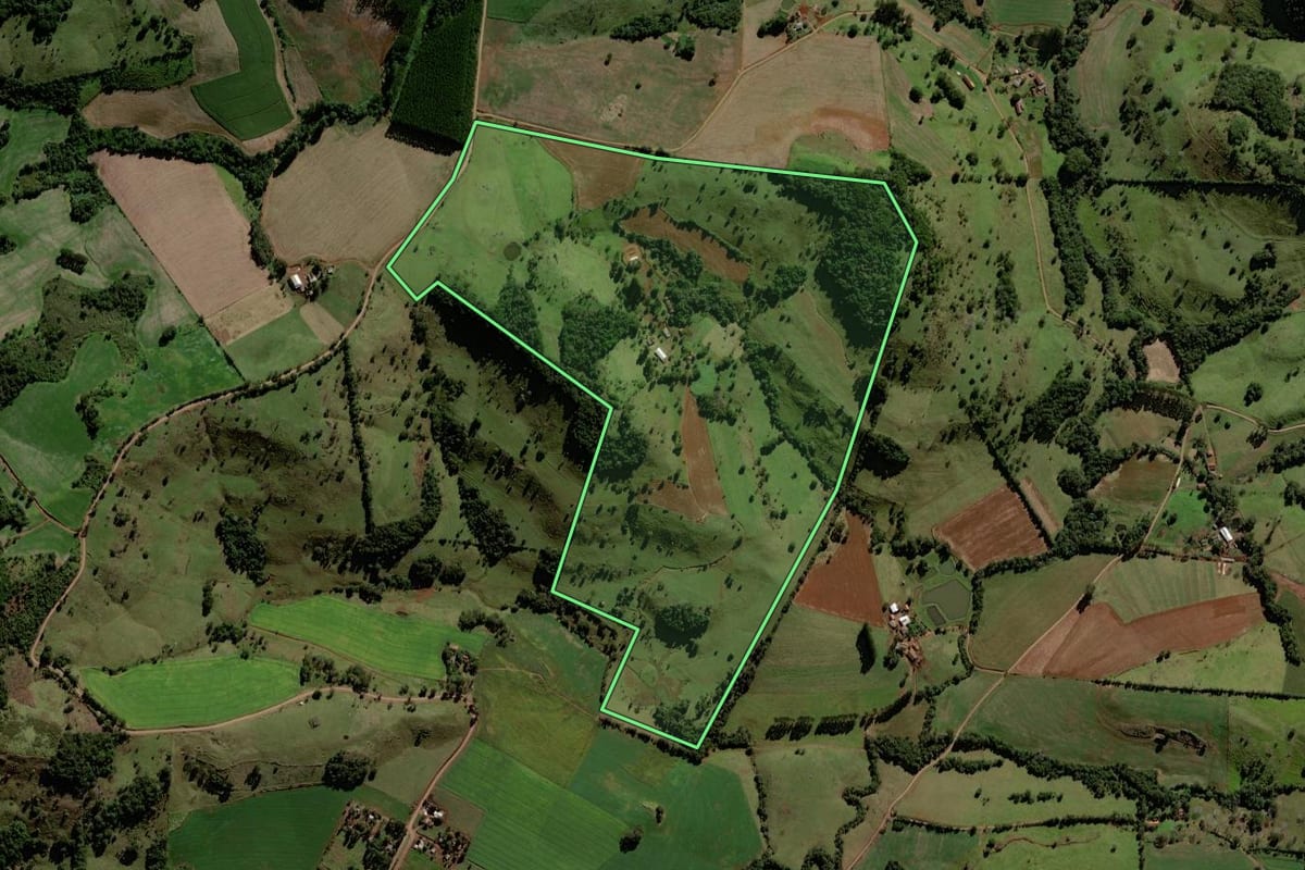 Imagem de satélite do imóvel rural em Porto Barreiro (PR), com o contorno declarado no CAR desenhado por cima.
