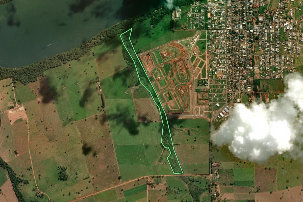 Imagem de satélite do imóvel rural em Porto Rico (PR), com o contorno declarado no CAR desenhado por cima.