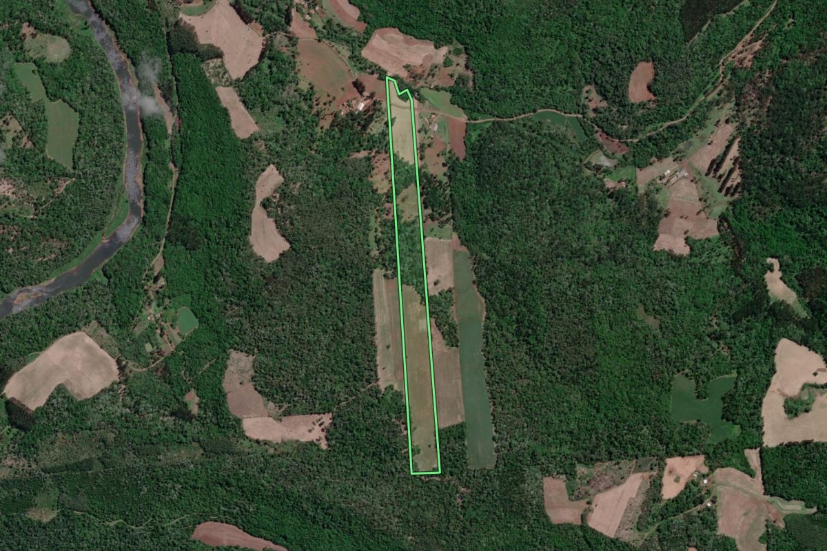 Imagem de satélite do imóvel rural em Porto Vitória (PR), com o contorno declarado no CAR desenhado por cima.