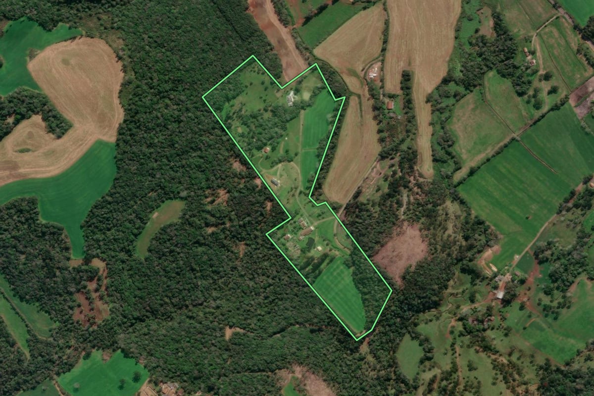 Imagem de satélite do imóvel rural em Porto Vitória (PR), com o contorno declarado no CAR desenhado por cima.