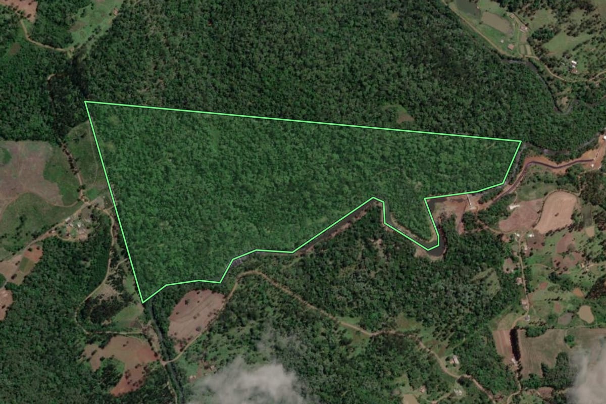 Imagem de satélite do imóvel rural em Porto Vitória (PR), com o contorno declarado no CAR desenhado por cima.