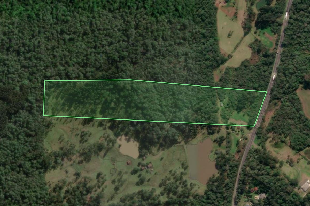 Imagem de satélite do imóvel rural em Porto Vitória (PR), com o contorno declarado no CAR desenhado por cima.