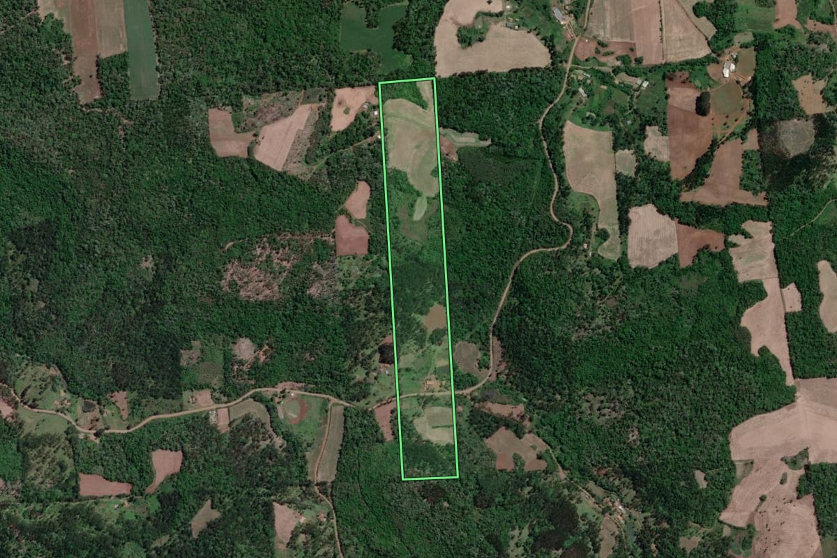 Imagem de satélite do imóvel rural em Porto Vitória (PR), com o contorno declarado no CAR desenhado por cima.