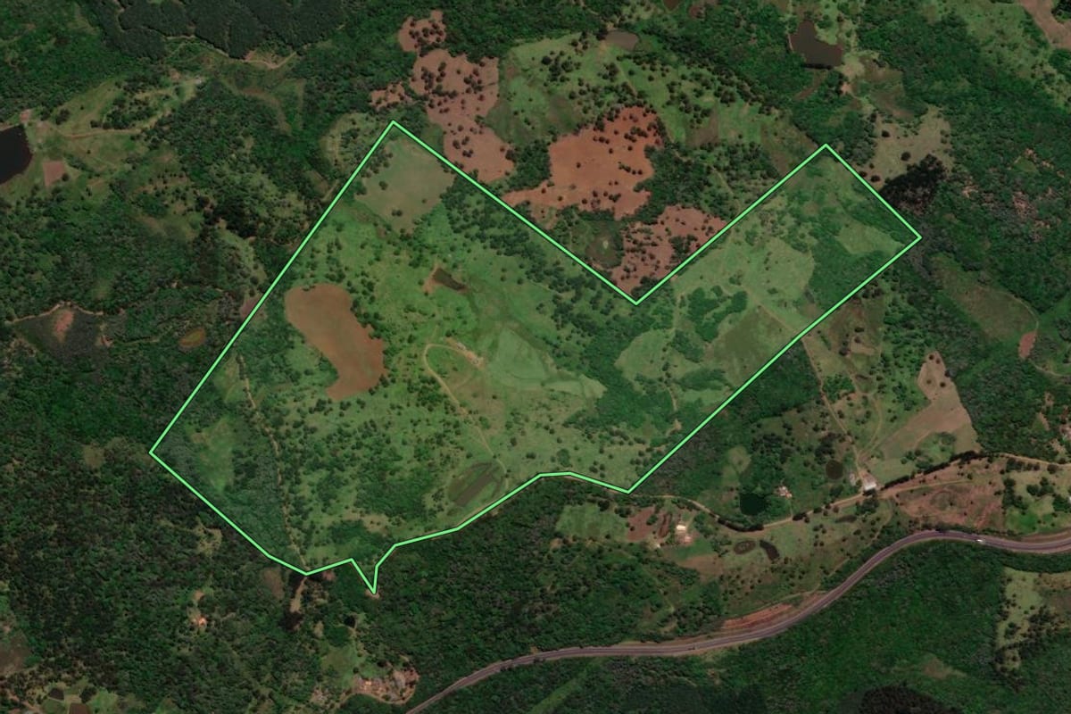 Imagem de satélite do imóvel rural em Porto Vitória (PR), com o contorno declarado no CAR desenhado por cima.