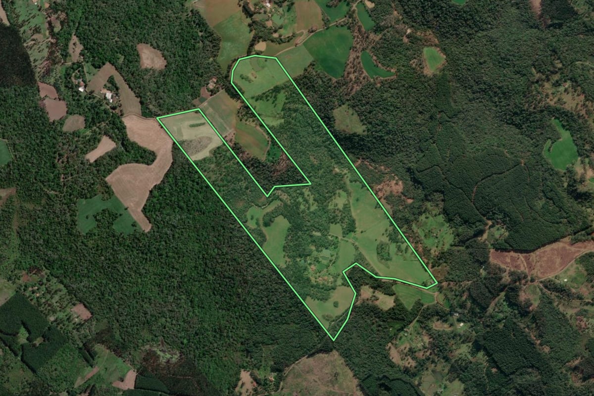 Imagem de satélite do imóvel rural em Porto Vitória (PR), com o contorno declarado no CAR desenhado por cima.