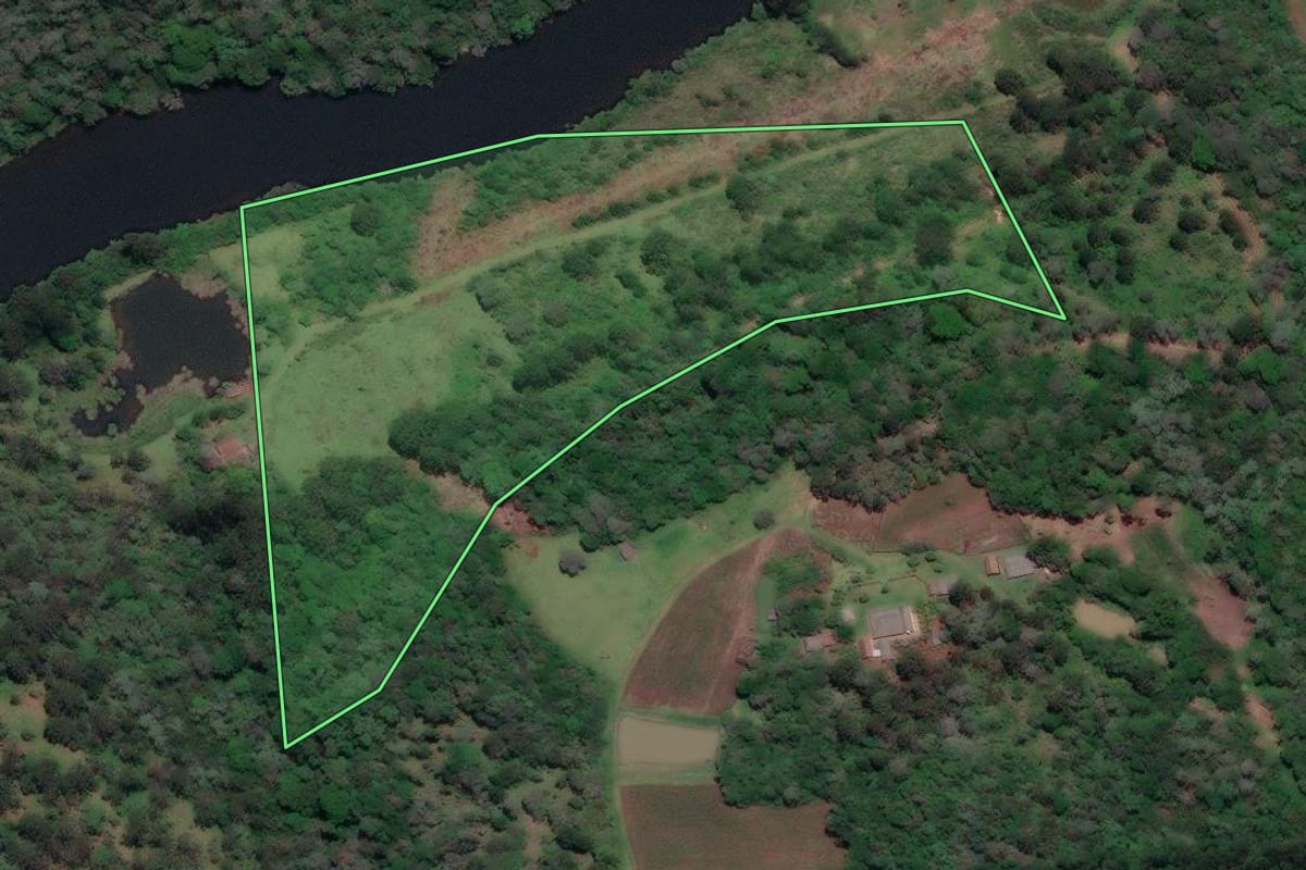 Imagem de satélite do imóvel rural em Porto Vitória (PR), com o contorno declarado no CAR desenhado por cima.