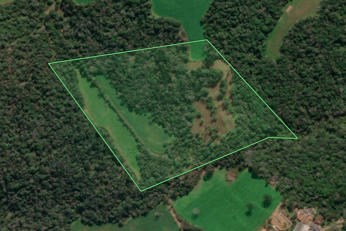 Imagem de satélite do imóvel rural em Porto Vitória (PR), com o contorno declarado no CAR desenhado por cima.