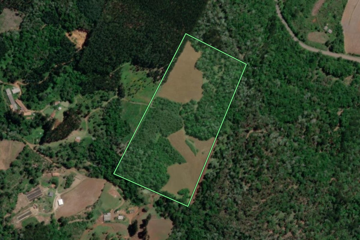 Imagem de satélite do imóvel rural em Porto Vitória (PR), com o contorno declarado no CAR desenhado por cima.