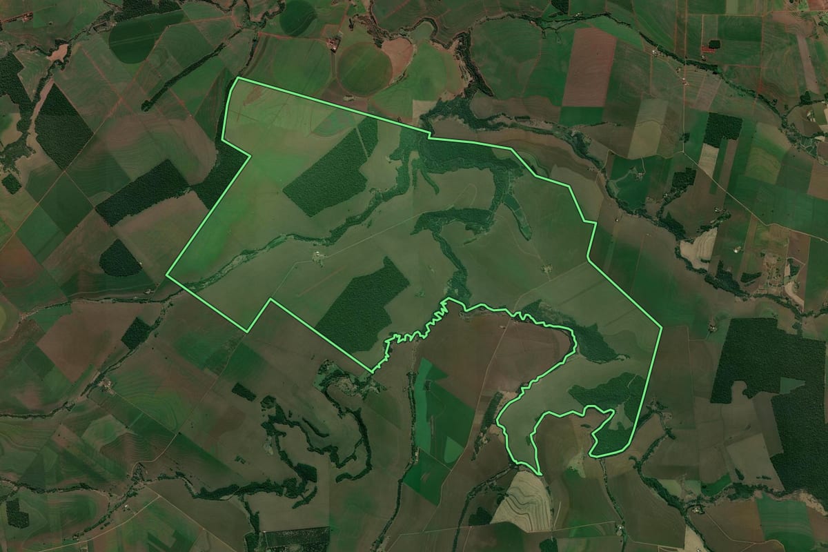 Imagem de satélite do imóvel rural em Prado Ferreira (PR), com o contorno declarado no CAR desenhado por cima.