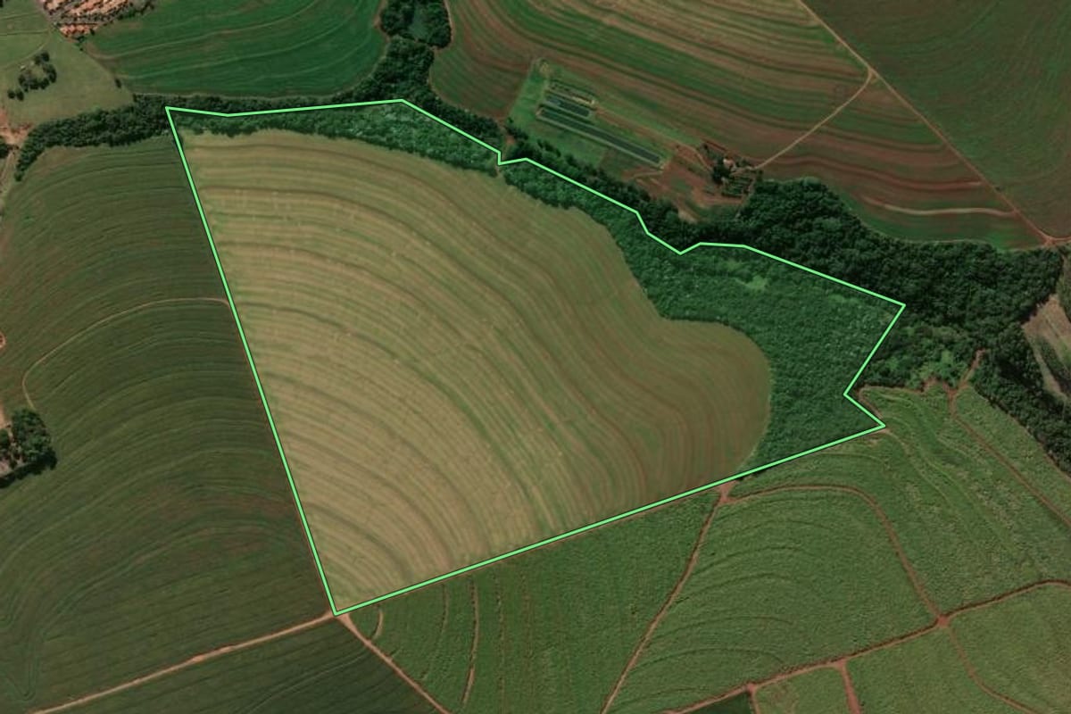 Imagem de satélite do imóvel rural em Prado Ferreira (PR), com o contorno declarado no CAR desenhado por cima.