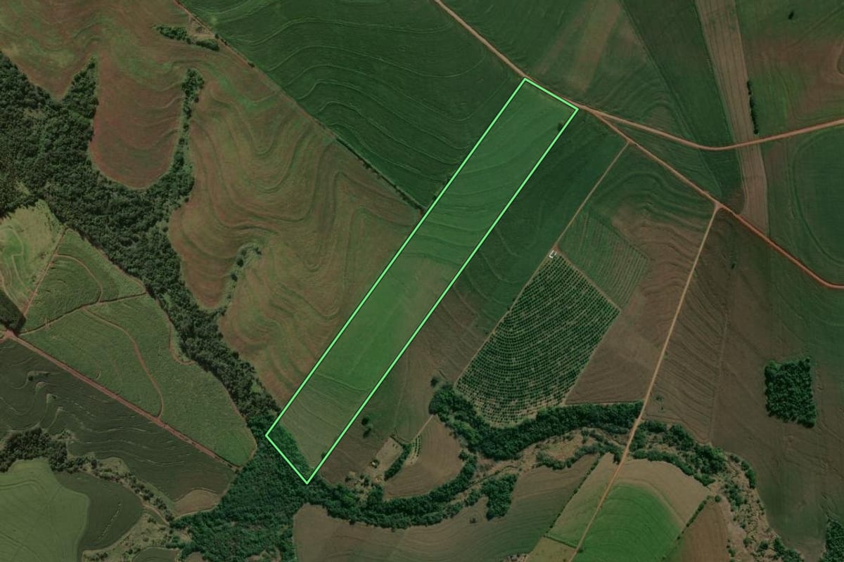 Imagem de satélite do imóvel rural em Prado Ferreira (PR), com o contorno declarado no CAR desenhado por cima.
