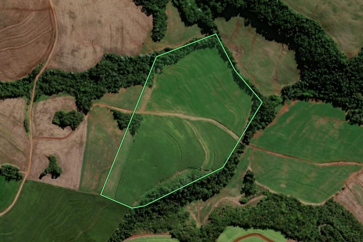Imagem de satélite do imóvel rural em Pranchita (PR), com o contorno declarado no CAR desenhado por cima.