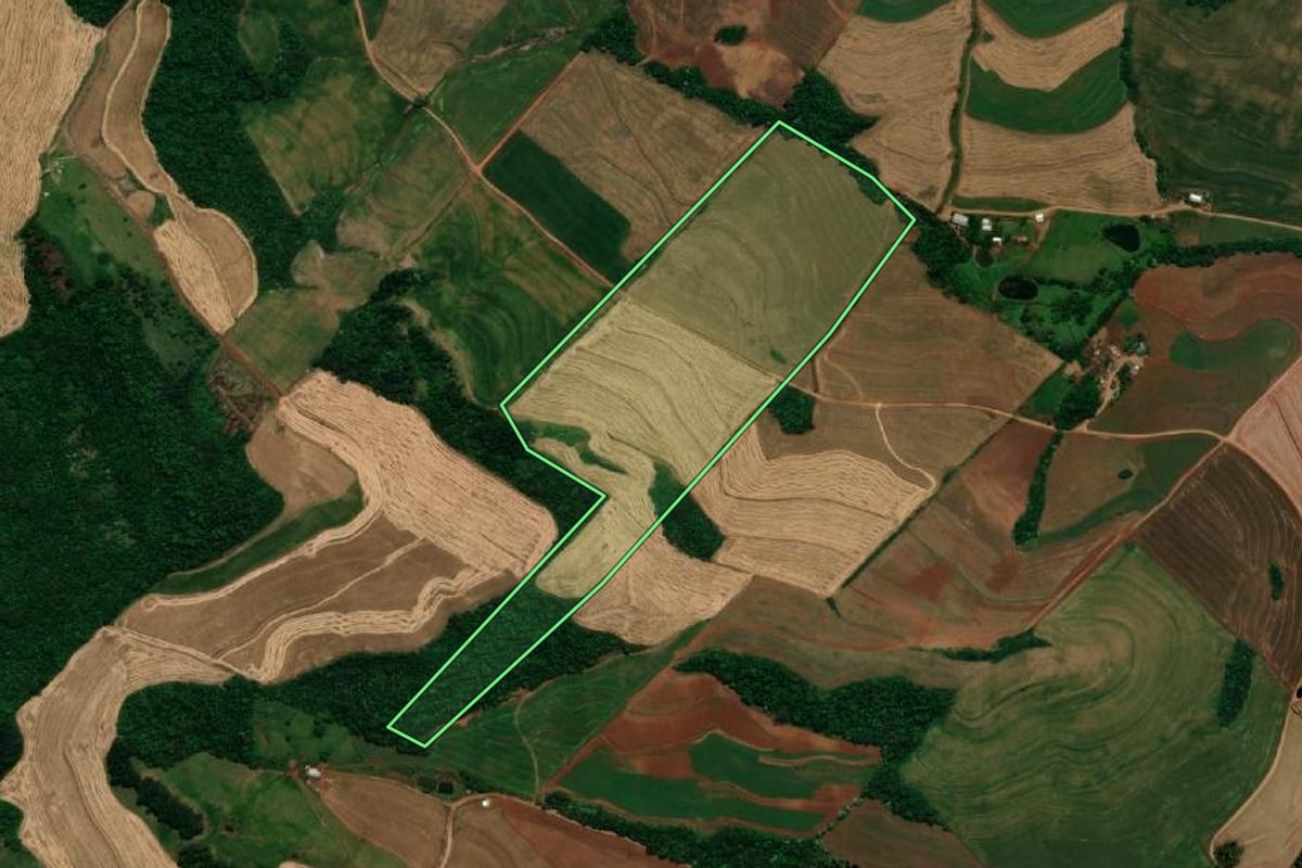 Imagem de satélite do imóvel rural em Pranchita (PR), com o contorno declarado no CAR desenhado por cima.