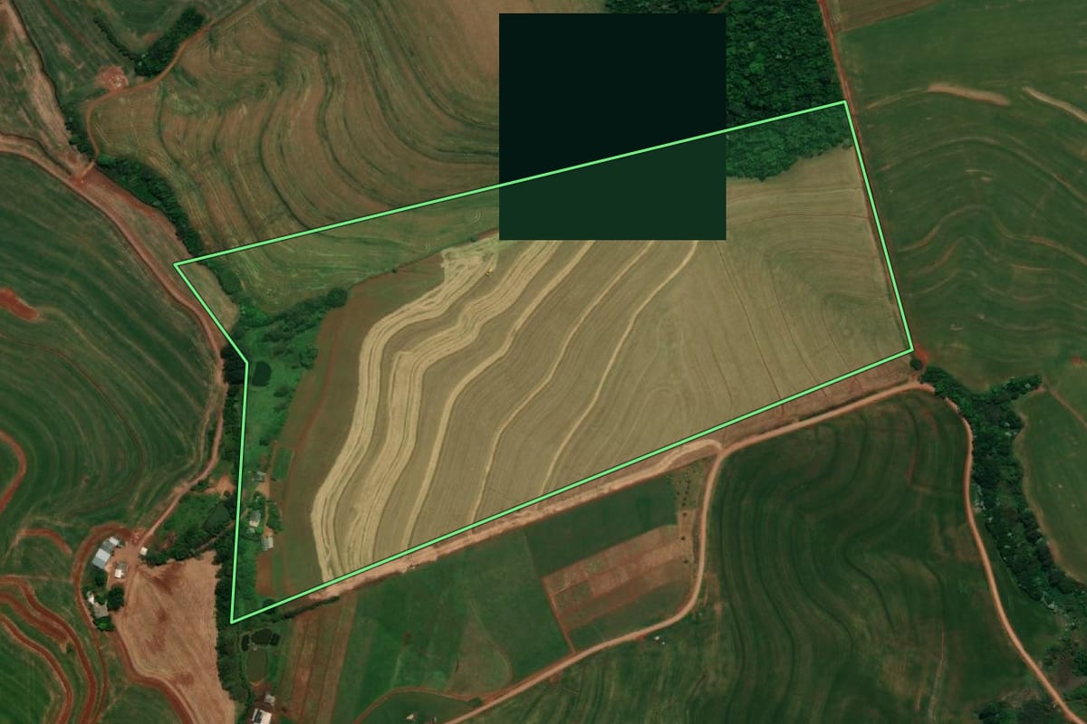 Imagem de satélite do imóvel rural em Pranchita (PR), com o contorno declarado no CAR desenhado por cima.