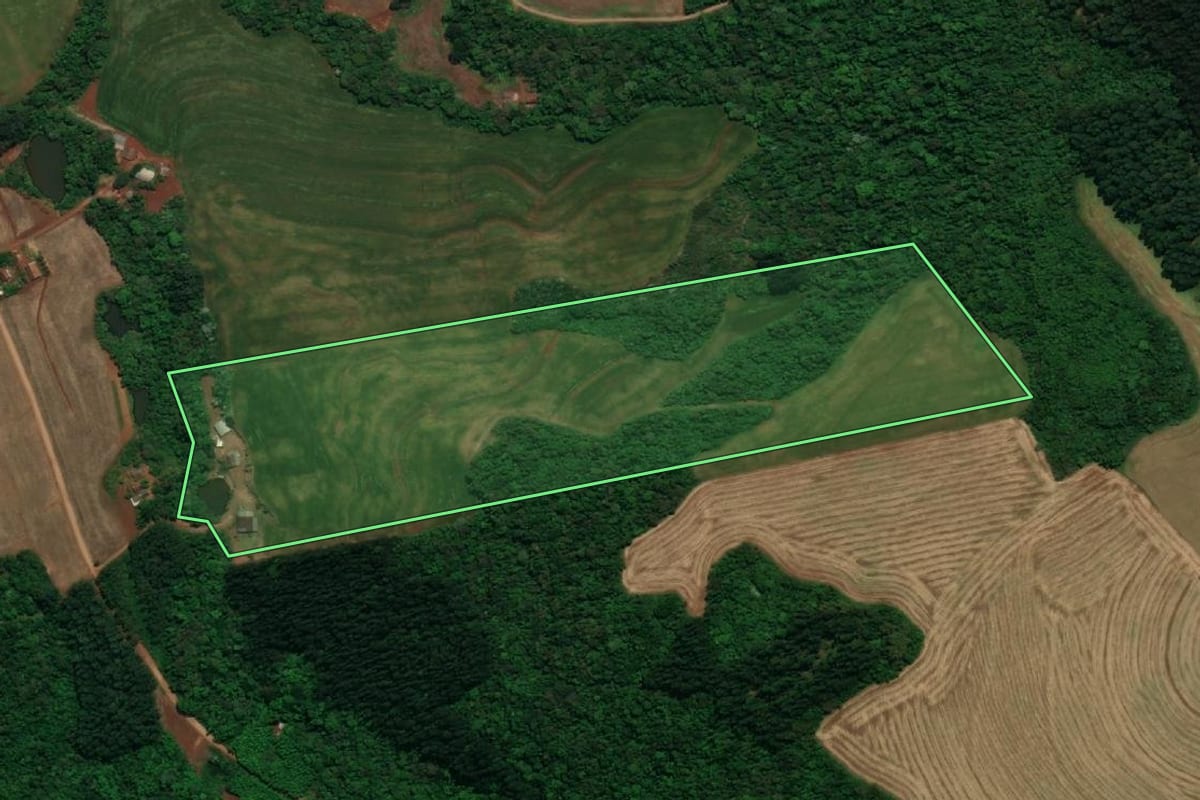 Imagem de satélite do imóvel rural em Pranchita (PR), com o contorno declarado no CAR desenhado por cima.