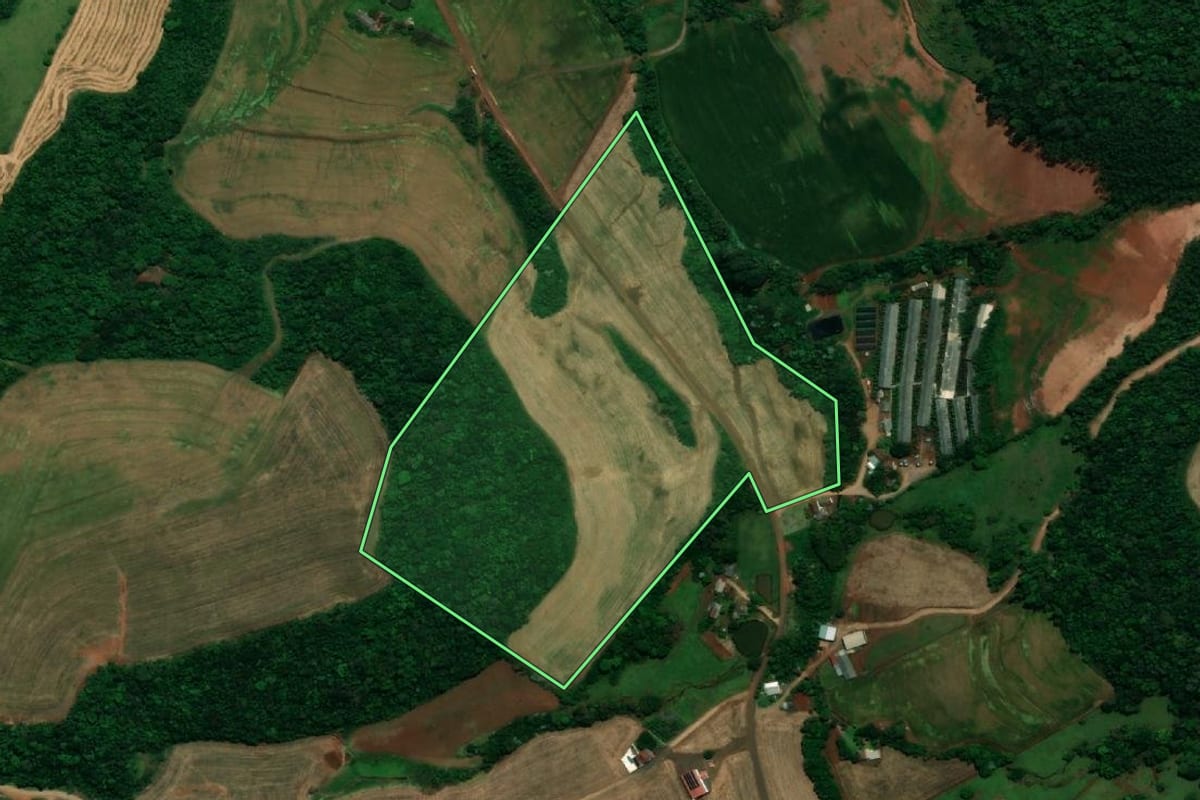 Imagem de satélite do imóvel rural em Pranchita (PR), com o contorno declarado no CAR desenhado por cima.