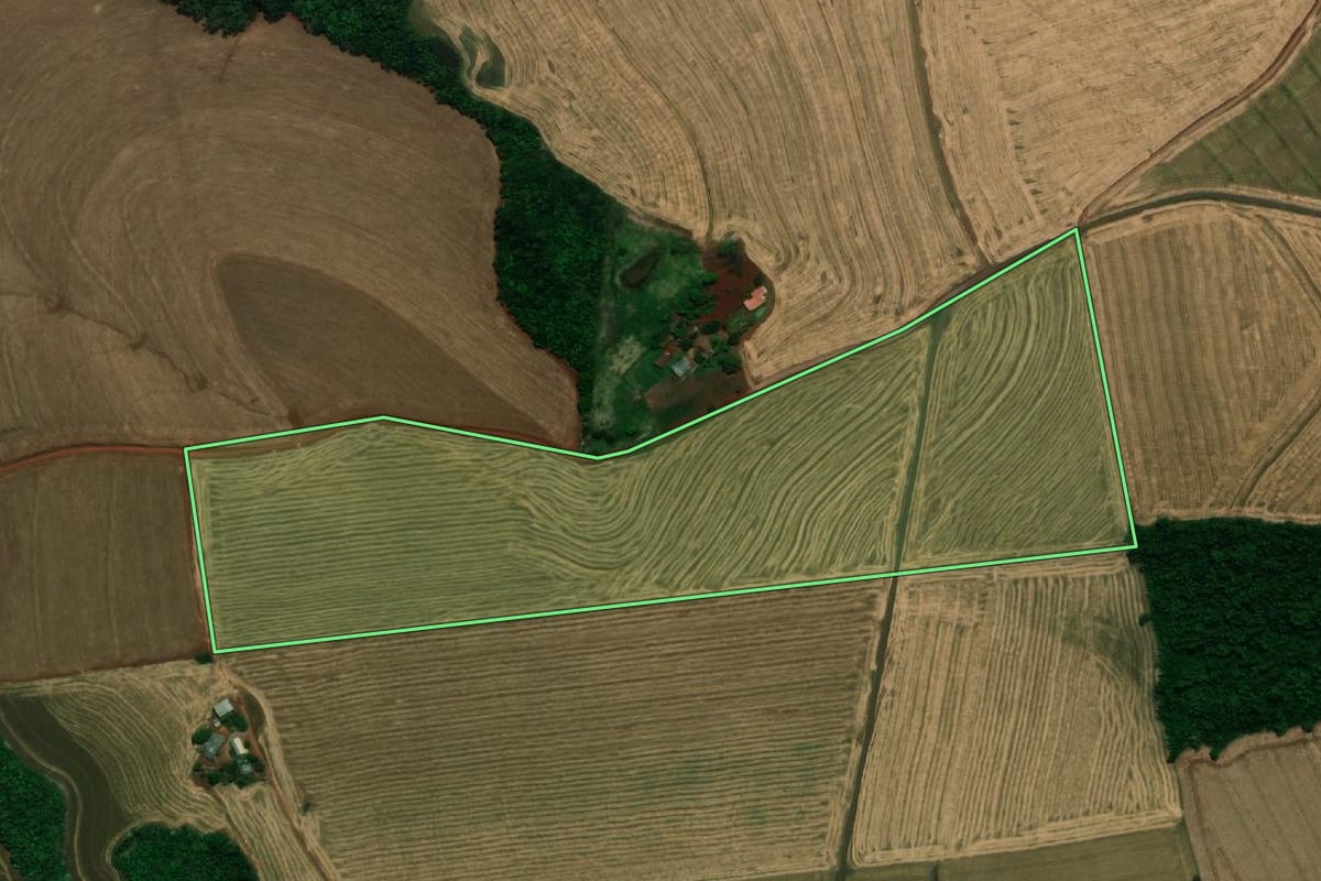Imagem de satélite do imóvel rural em Pranchita (PR), com o contorno declarado no CAR desenhado por cima.