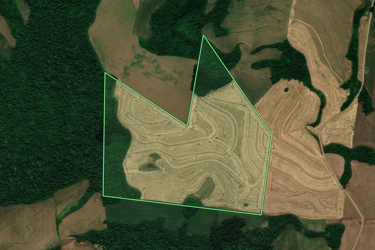Imagem de satélite do imóvel rural em Pranchita (PR), com o contorno declarado no CAR desenhado por cima.