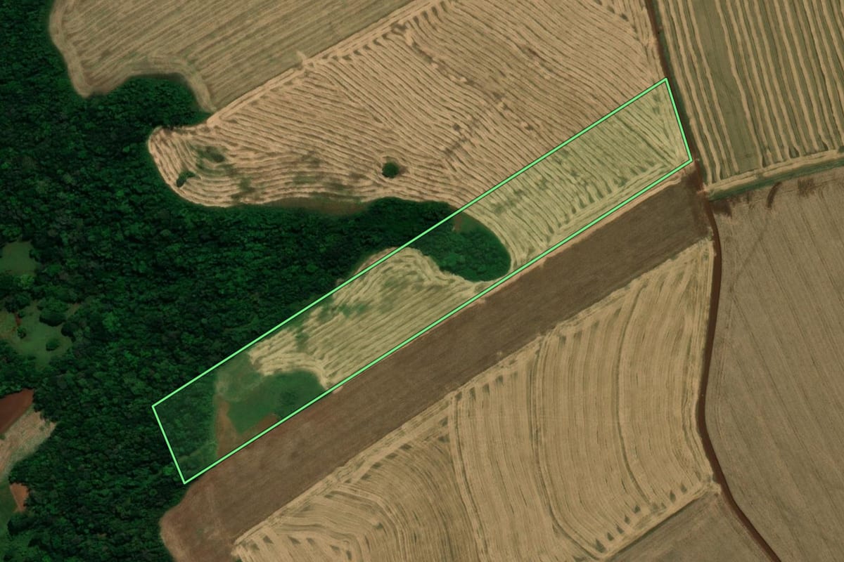 Imagem de satélite do imóvel rural em Pranchita (PR), com o contorno declarado no CAR desenhado por cima.