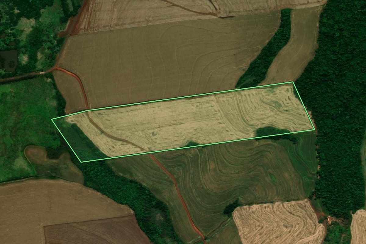 Imagem de satélite do imóvel rural em Pranchita (PR), com o contorno declarado no CAR desenhado por cima.